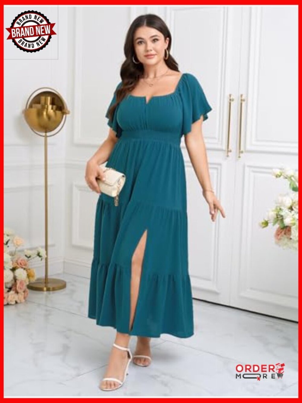 Plus Size Formal Maxi Dress Short Sleeve Square Neck Smocked Side Split Tiered - Picture 5 of 7